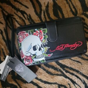 Ed Hardy Black and Red Skull Wristlet Wallet New W Tag